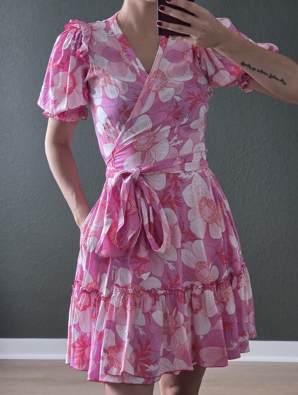 Feather & Find Genova Wrap Mini Dress, Pink Floral Print, XS, Boho Style Dress